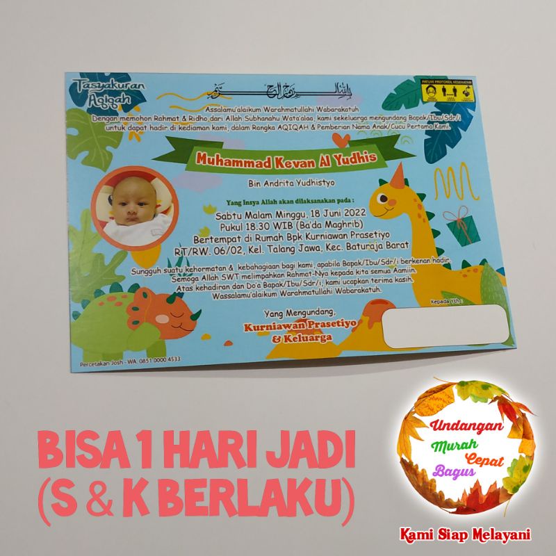 Undangan aqiqah khitanan dinosaurus bisa pakai foto anak
