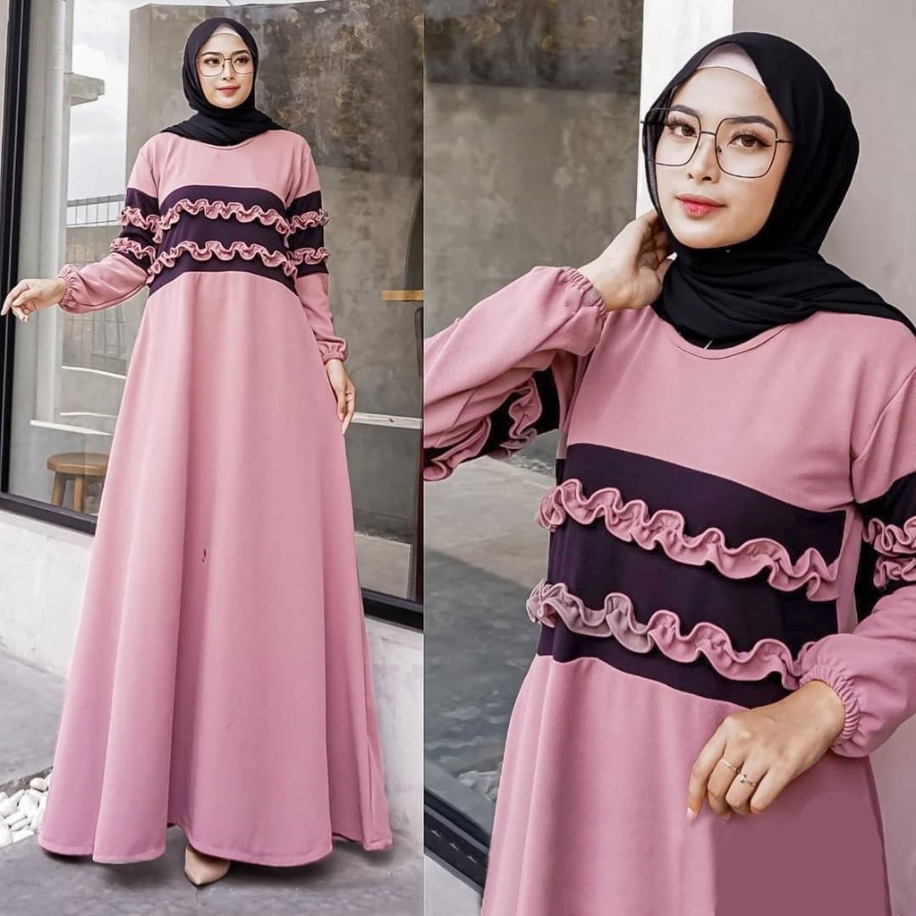 Baju Gamis Wanita Syar'i Muslim Remaja KatrionaGamis Modis Wanita Lebaran 2021 Terbaru Dusty Brukat.