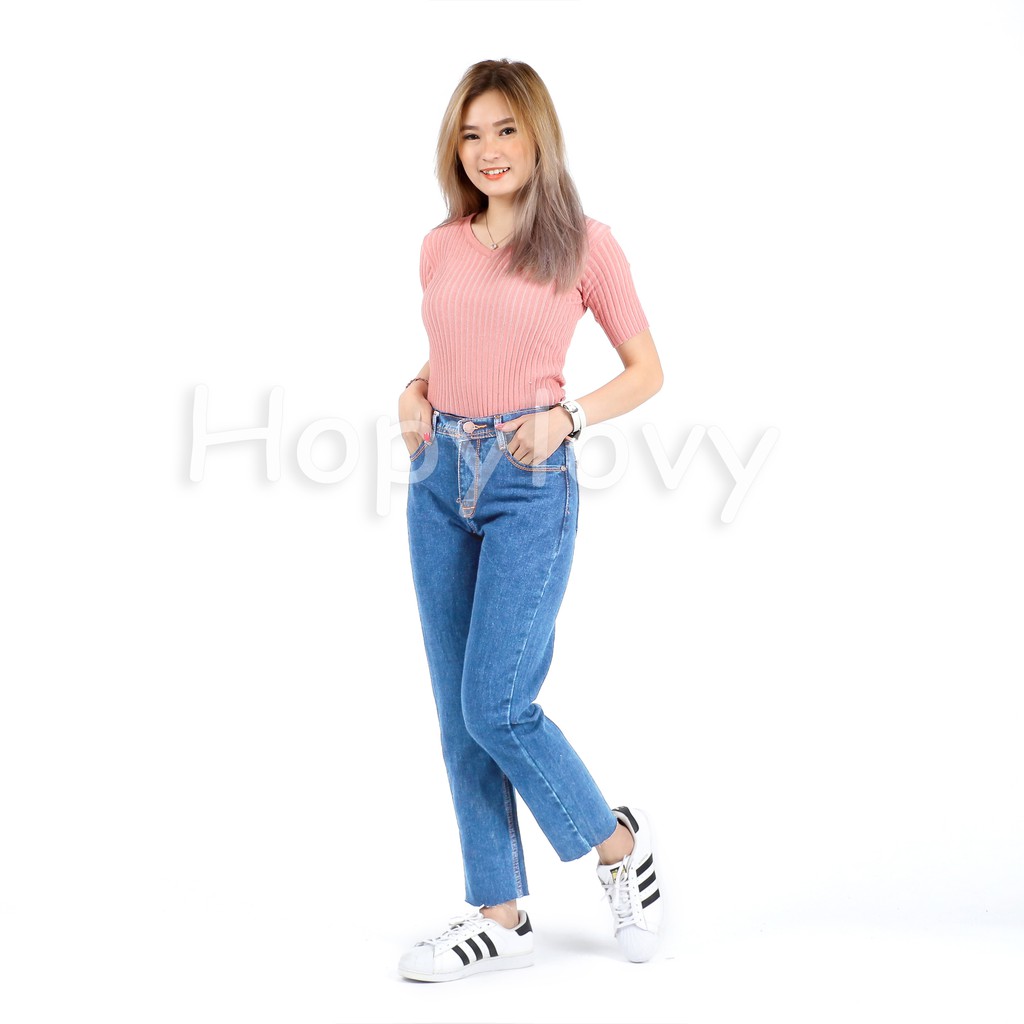 HOPYLOVY - Celana Jeans Boyfriend Wanita Unfinished Gisel