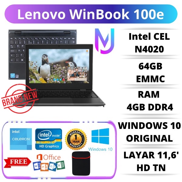 OBRAL LAPTOP 3 JUTAAN BARU Lenovo WinBook 100e | Celeron N4020 |  Windows 10 PRO ORI | 4GB DDR4 | 64