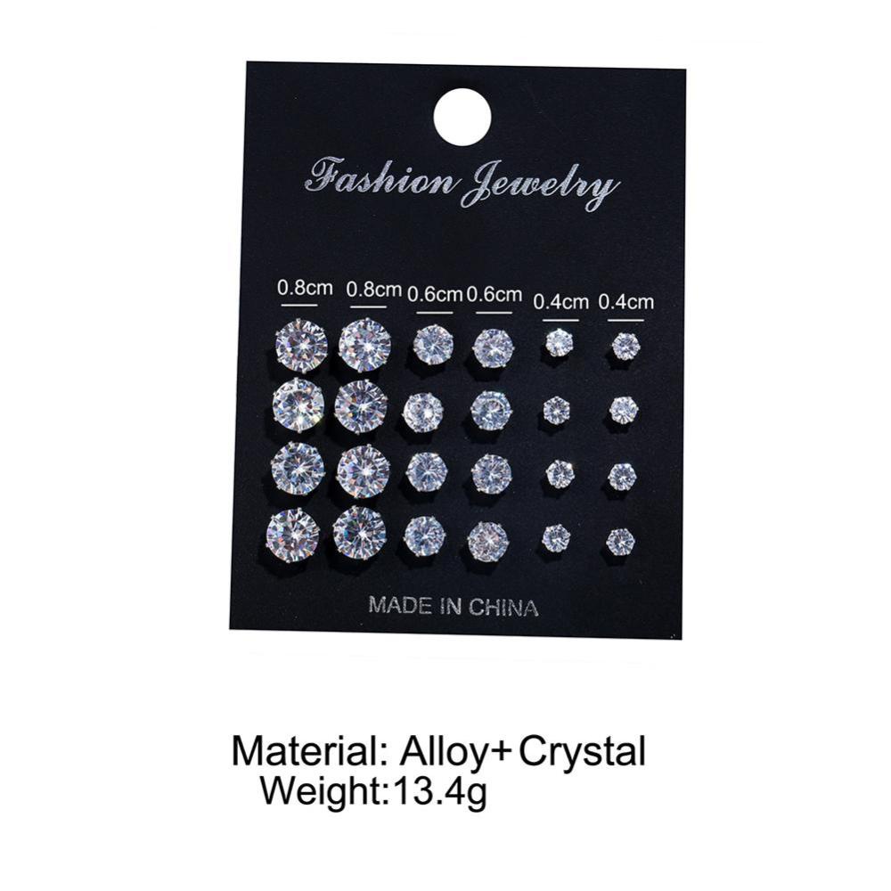 Timekey 12 Pasangset Anting Tusuk Alloy Bulat Hias Zircon Untuk Wanita A7K6