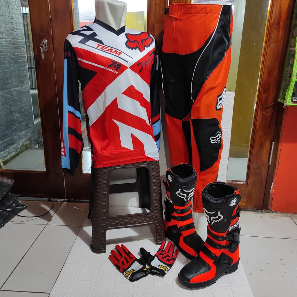 promo satu set sepatu cross trail jersey sett dan glove print terlaris stabilo biru oneal