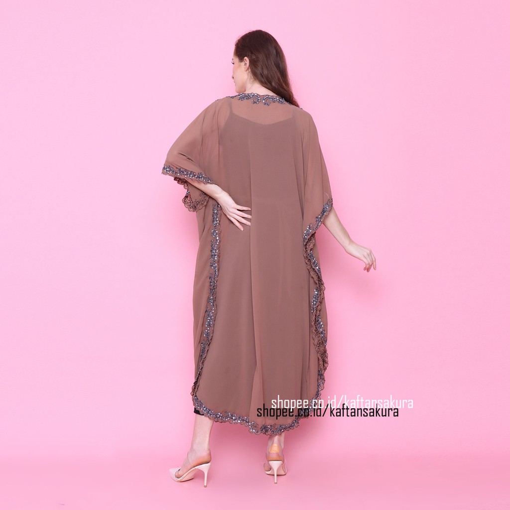 kaftan maxi wanita muslim jumbo terbaru payet full mewah warna cokelat bahan siffon untuk lebaran 2023