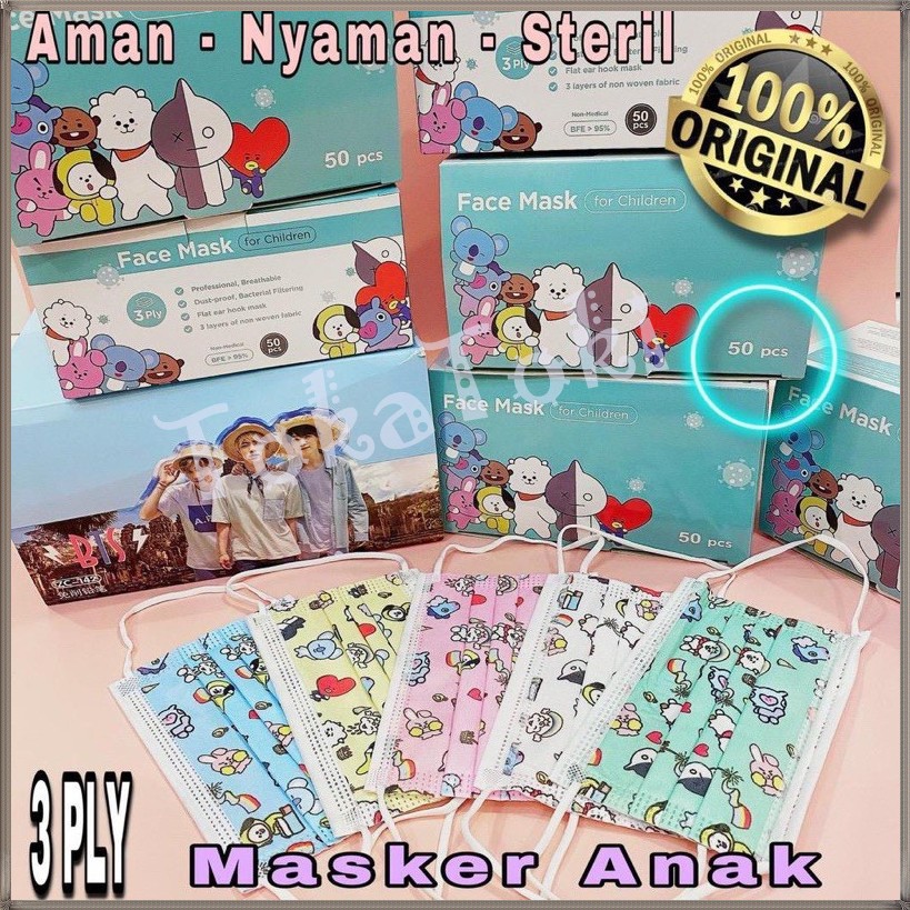 FACE MASK MASKER KARAKTER BTS / MASKER ANAK BT21 / MASKER ANAK KARAKTER BT21BTS 3PLY