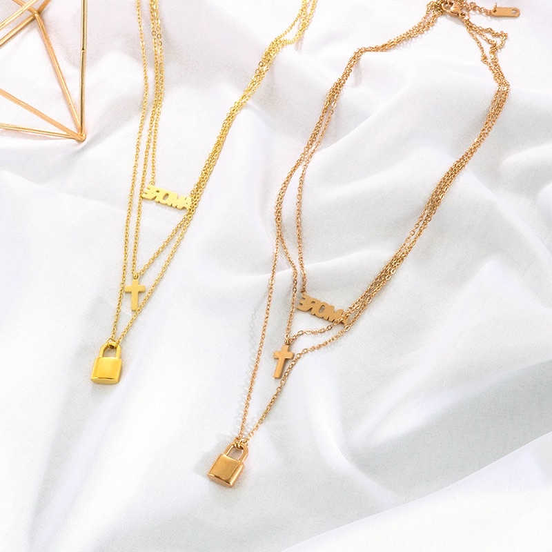 Kalung dua layer amore gembok salib titanium korea style anti karat