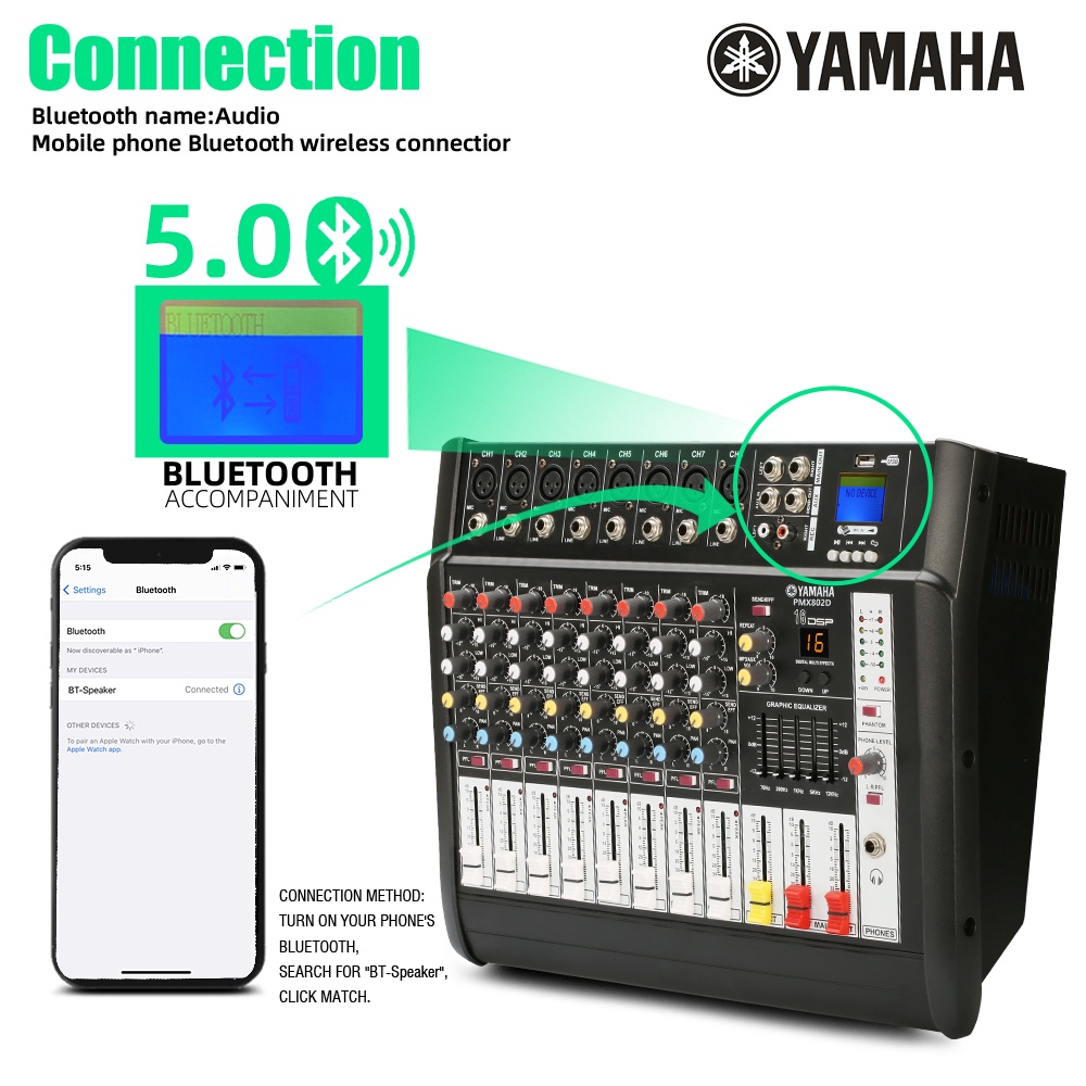 Mixer Audio Profesional  PMX802D 8 sound strip built-in 650 watt power amplifier * 2 saluran 16DSP Layer 2 Equalizer Mendukung pemutaran Bluetooth/USB/MP3/PC Peralatan bernyanyi luar ruangan KTV