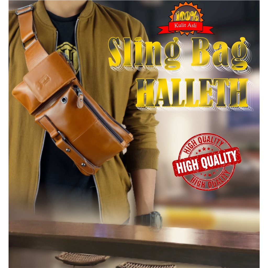 Tas kulit HALETH tas selempang dada slingbag waistbag Kulit sapi asli Cowok  Pria Laki-Laki
