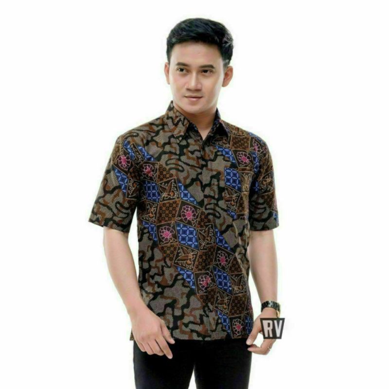 BSWART Batik HRB026 Kenongo Hem Pendek Padi Pekalongan M L XL Batik Pria MURAH Modern Grosir