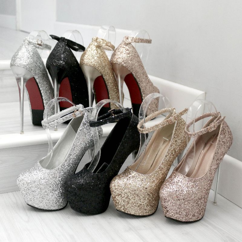 K1728 VVV SHOP Sepatu wanita import highheels  stilleto pump heels 17cm shoes glitter blink bling mo