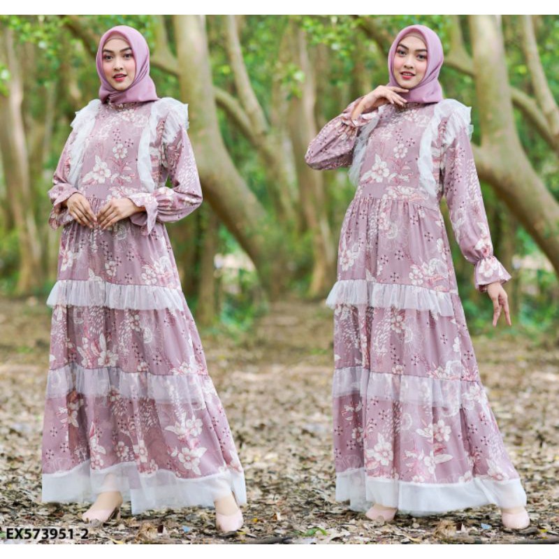 EXTU Maxi dress tulle motif cantik. Maxi dress Gamis Tile by Extu