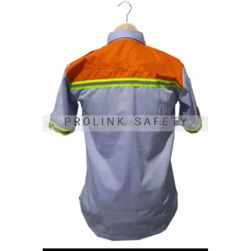 LENGAN PENDEK BAJU SAFETY ABU ORANYE KANCING BERLOGO K3 BENDERA