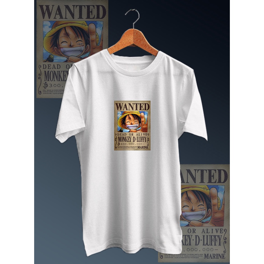 KAOS DISTRO COTTON COMBED PE 30S DEPAN /TSHIRT GAMBAR DIGITAL FULLPRINT WANTED LUFFY NECK/LENGAN PENDEK