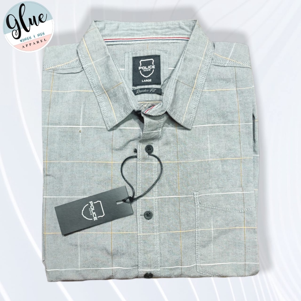 Kemeja Pria Pendek Police Denim Warna Abu Garis-Garis Kotak Original Brand