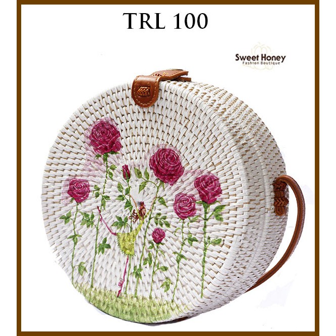 Sweet Honey ~ Grosir Tas Rotan Bulat Murah Lukis Deco Motif Bunga TRL100 [Bisa COD Bayar di tempat]