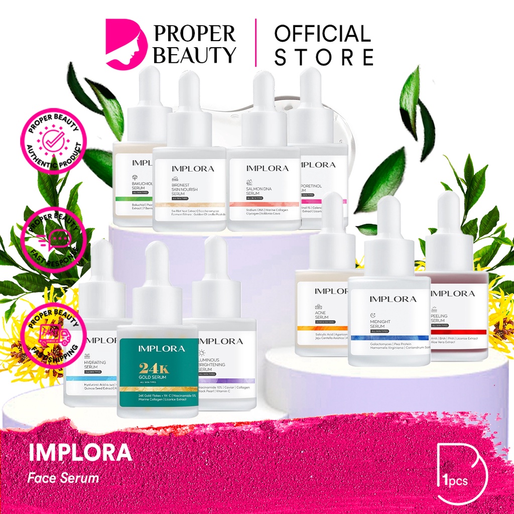 IMPLORA Face Serum Indonesia / Luminous Brightening Acne Midnight Peeling Hydrating 24K Gold Bakuchiol 1% Liporetinol Retinol / Facial Wash Essence Toner Day Night Eye Cream Sunscreen Mask Masker Lipstick Cheek Lip Tint Cream Kutek Nail Polish Paket Set