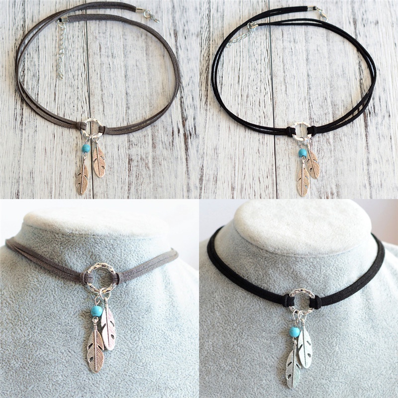 Kalung Choker Dengan Liontin Bulu Gaya Bohemian