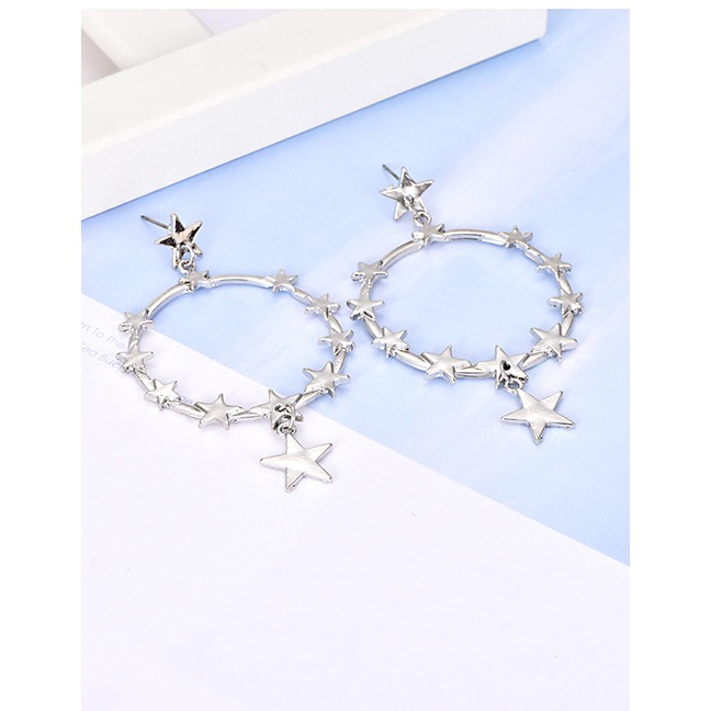 LRC Anting Tusuk Fashion Silver Alloy Five-pointed Star Circle Earrings F46836