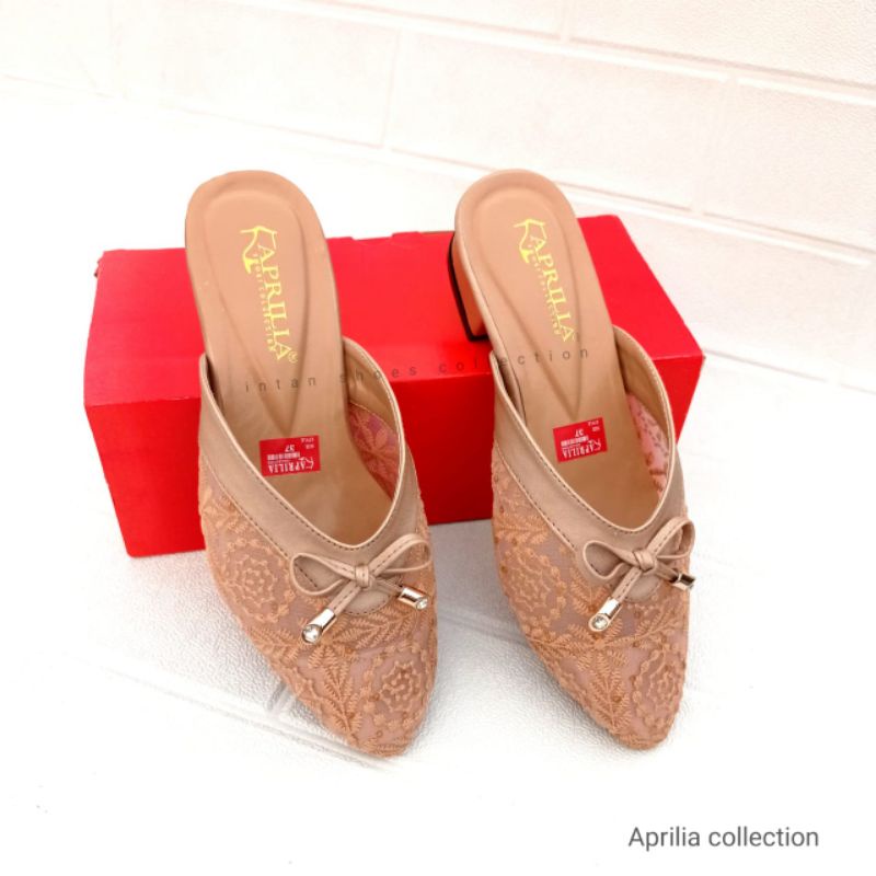 Aprilia sepatu sandal brukat pesta wanita hak tahu 3cm-sandal bustong brukat kondangan-sendal slop wanita slip on anti licin-mules pesta wanita