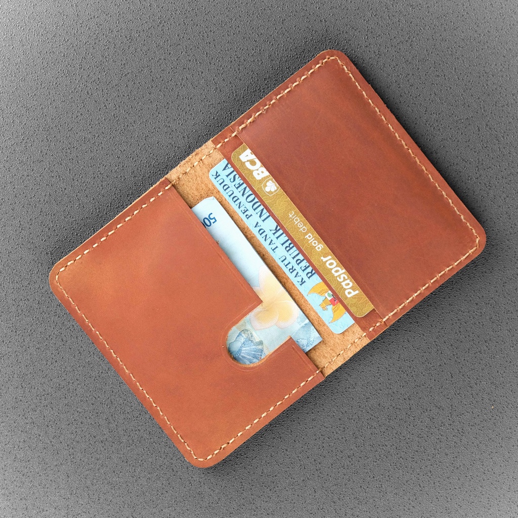 Card Holder Dompet Kartu Dan Uang Lipat Dua Pria Wanita Kulit Asli Slim Mini Free Ukir Nama