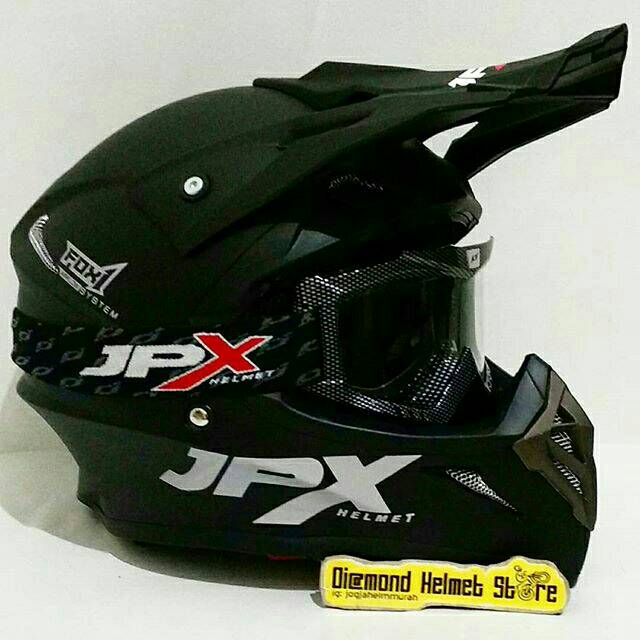Paket Helm cross JPX Fox 1 Solid Black Goggle JPX Carbon Clear Lens