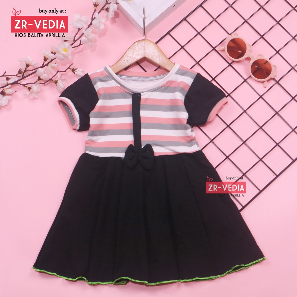 Dress Jasmine size 0-12 Bulan / Dres Bayi Baby Anak Perempuan Baju Lengan Adem Pita Motif Polos ZR-Vedia