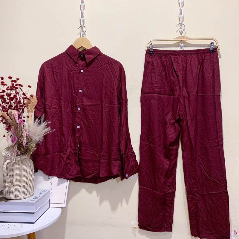 ONE SET RAYON FULL KANCING (PILIH MOTIF) / PIYAMA RAYON WANITA MURAH / PAJAMAS BUSUI / DAILY SET-KC Maroon