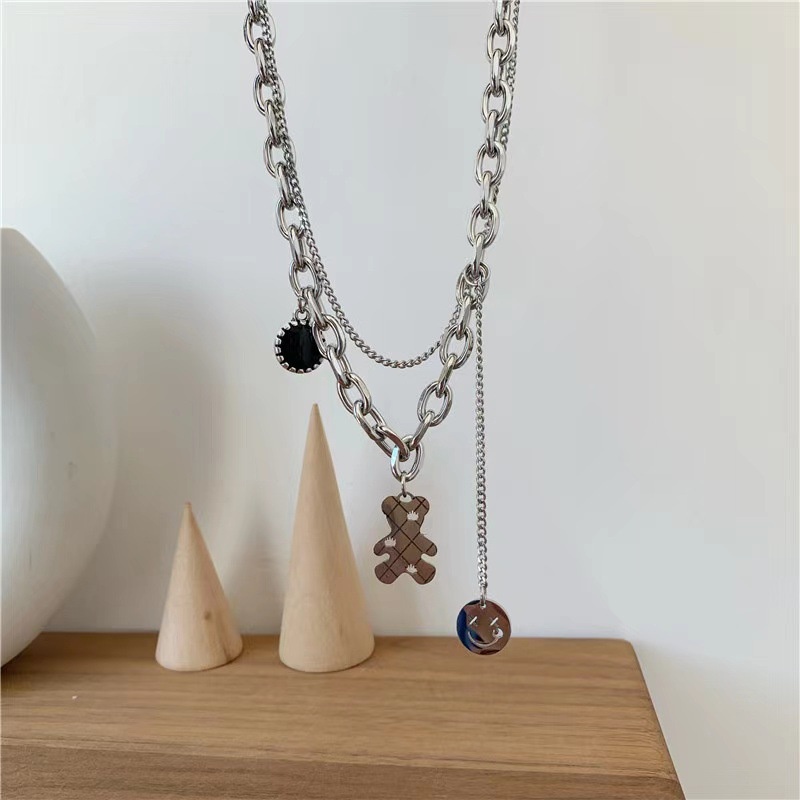 Double-layer bear Smiley kalung kuchao Street niche kepribadian kalung dingin gaya retro kalung wani