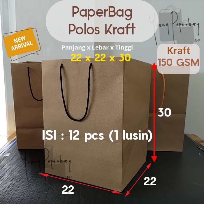 

✨ BISA COD ✨ Paper Bag Kue/Nasi/Bento Box Polos Kraft Coklat 22 x 22 x 30 150GSM - Tali Hitam