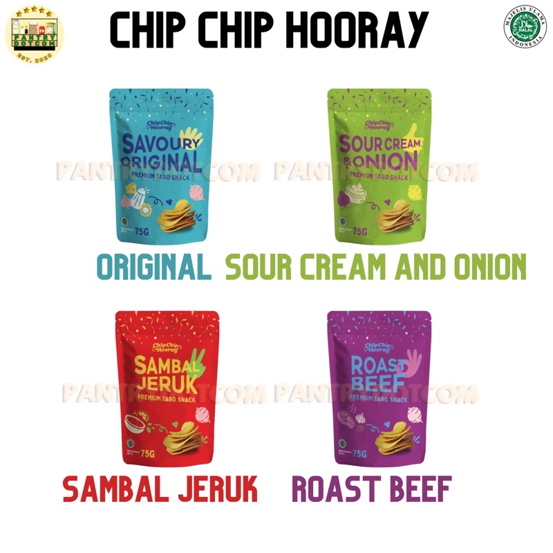 

CHIP CHIP HOORAY Keripik Talas 75g - Premium Talas Chips - Original - Roast Beef - Sambal Jeruk - Sour Cream and Onion