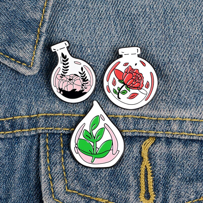 Bros Pin Enamel Bentuk Tanaman Bunga Mawar Daun Botol Bahan Zinc Alloy Untuk Jaket Denim