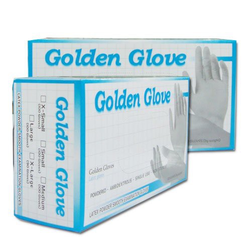 SARUNG TANGAN LATEX POWDER GOLDEN GLOVES 1 BOX ISI 100 . HANDSCHOEN GOLDEN GLOVES