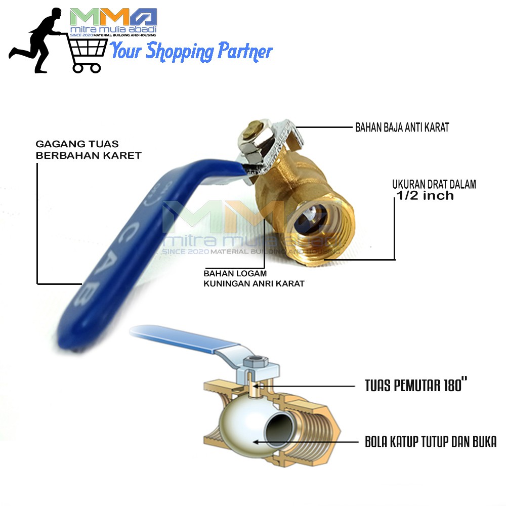 Ball Valve Kuningan ukuran 1/2 inchi - stop Kran Keran