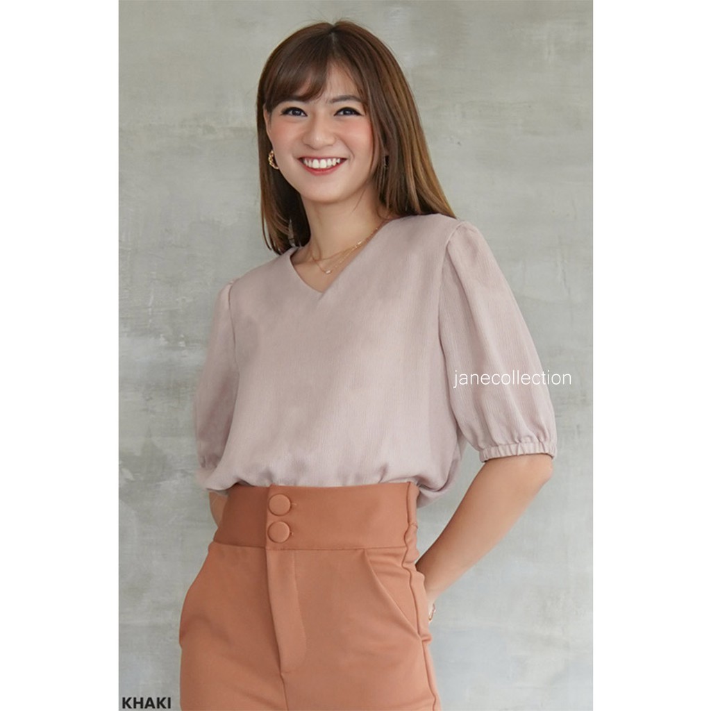 JANE COLLECTION || Atasan Blouse Wanita V Neck Lengan Balon SoftCrinkle Haruka Top Hitam Putih Lilac