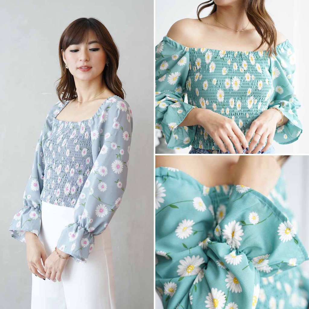 Jocelyn Sabrina Flower Top Smocking Blouse Square Neck Atasan Kerut Jolyn - CG210215