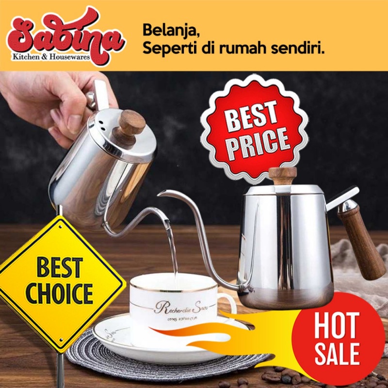 Teko Pitcher Kopi Teh Minuman Model Leher Angsa Gagang Kayu Stainless