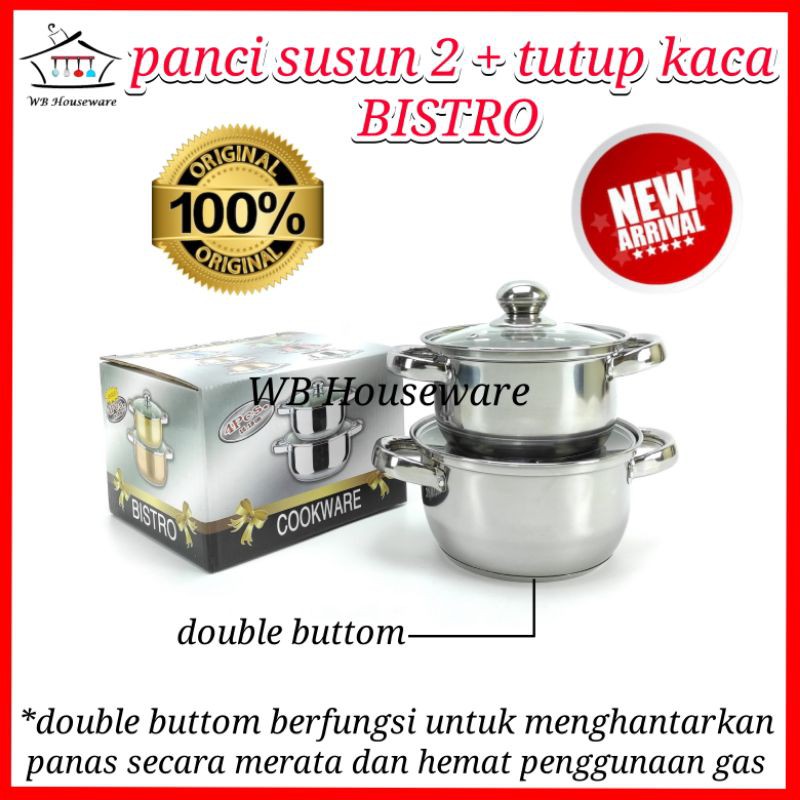 panci susun 2 stainless steel tutup kaca double buttom BISTRO