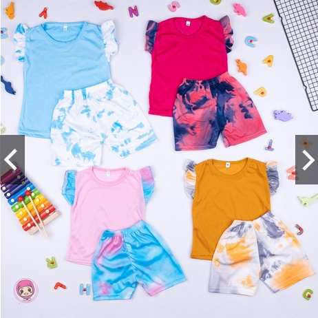 SETELAN ANAK RUFFLE MARINA TIE DYE COMBINATION / SET BAJU ANAK CEWEK USIA 1- 8 TAHUN TIE DYE EDITION