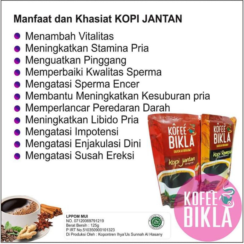 

KOPI BIKLA JANTAN ORIGINAL BERGARANSI KOMPOSISI 100 % BIJI KOPI LANANG