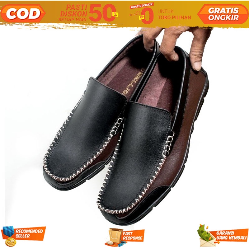 Sepatu Slip On Formal Kulit Sapi Asli 100% Warna Hitam Kombinasi Coklat - Sepatu Slop Pria Premium O