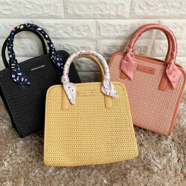 CHARLES AND KEITH PRINTED SATIN SCARF WRAPPED WOVEN BAG / TAS WANITA