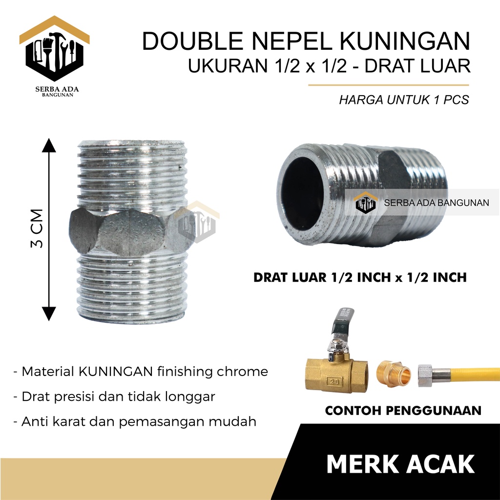 DOUBLE NAPLE NEPEL / NIPEL DRAT LUAR 1/2 &amp; 1/4 INCH SAMBUNGAN PIPA KRAN SERBAGUNA KUNINGAN STAINLE