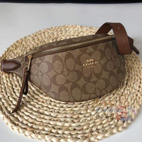 Bag Canvas - Tas Coach Signature Belt Waist Bag Canvas Brown 100% Original Coach