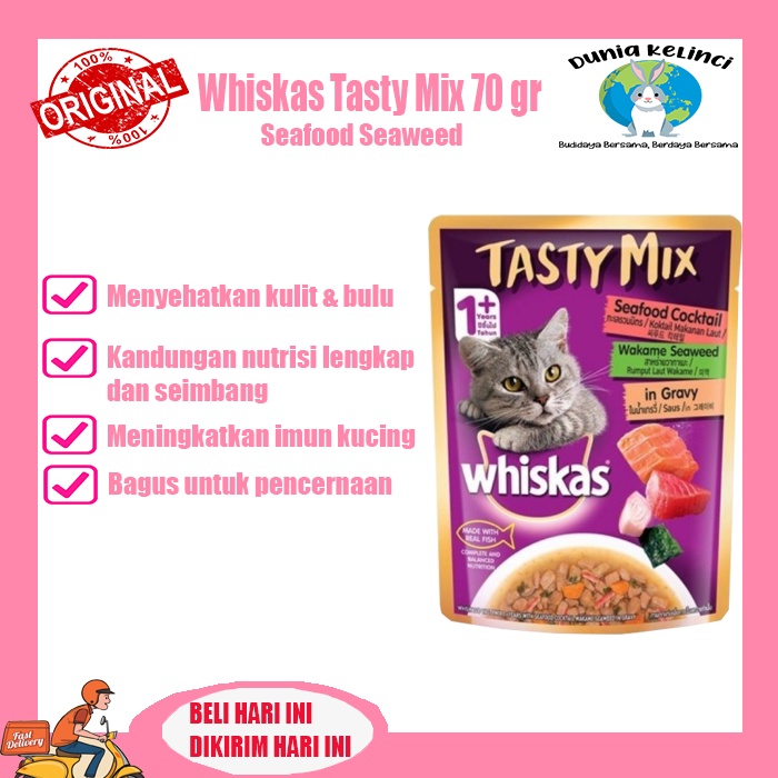 MAKANAN KUCING WHISKAS POUCH TASTY MIX SEAFOOD SEAWEED 70 GR