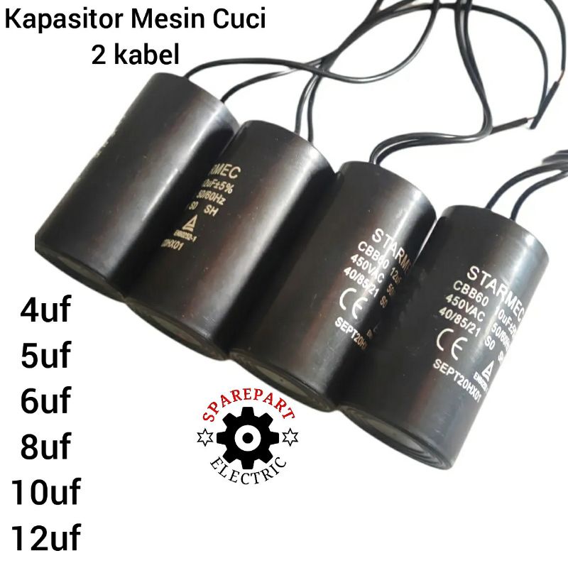 KAPASITOR MESIN CUCI SINGLE MODEL 2KABEL MULTI 4 5 6 8 10 12 UF LENGKAP