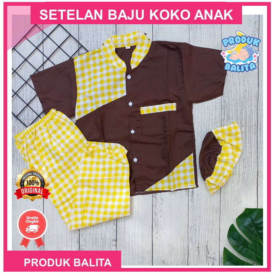 Setelan Baju Muslim Anak Laki-laki Usia 5-8 Tahun Set Pakaian Anak Laki-laki Murah Setelan Koko Anak Motif Kotak-kotak Terlaris