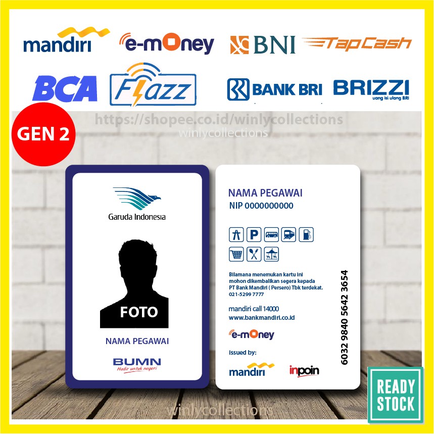 EMONEY KARTU ID CARD GARUDA INDONESIA ETOLL MANDIRI FLAZZ BCA BNI TAPCASH BRI BRIZZI - 2 SISI