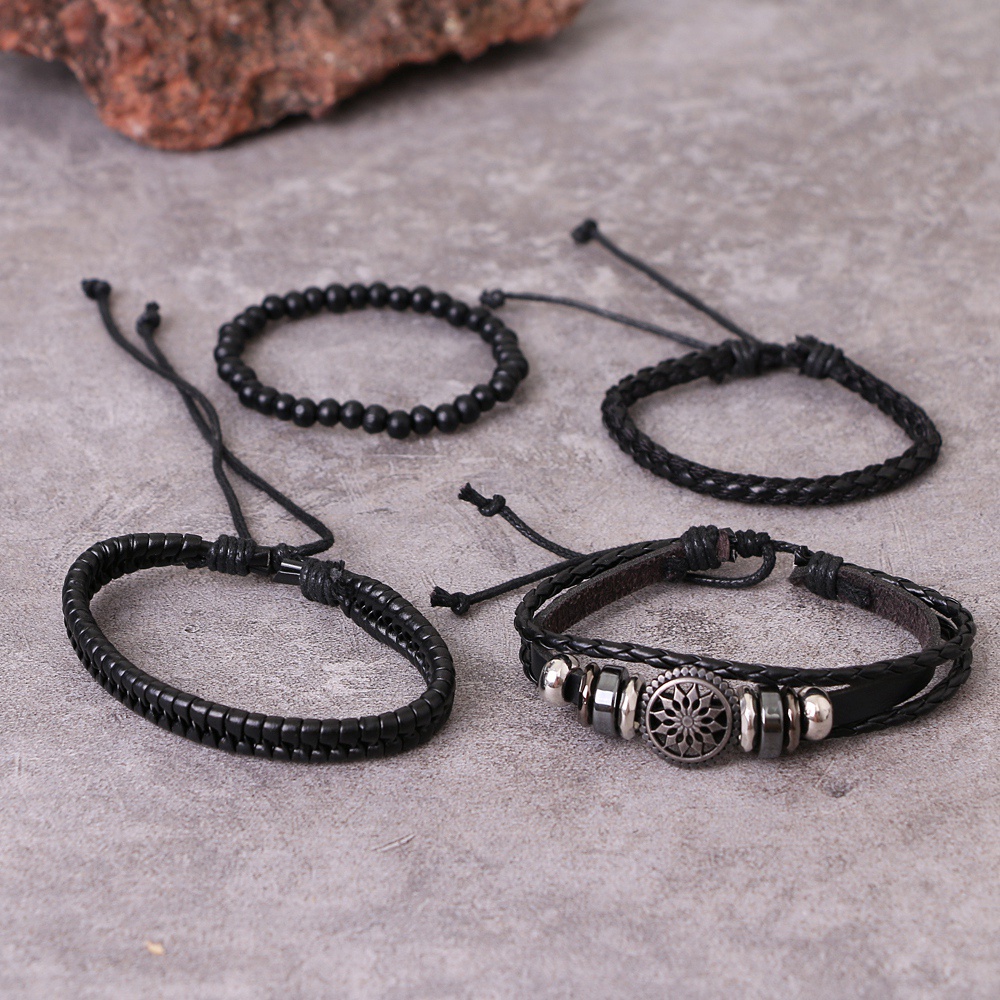 4pcs / set Gelang Tangan Kulit PU Adjustable Warna Hitam / Coklat Untuk Pria