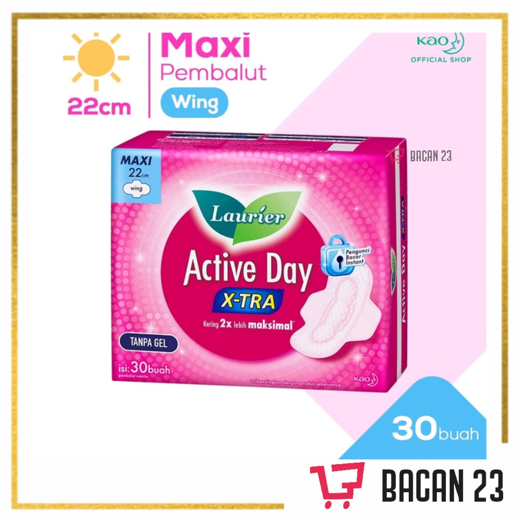Laurier Active Day X-tra Wings ( 22cm - 30 Pads ) / Pembalut Sayap - Softex / Bacan 23 - Bacan23