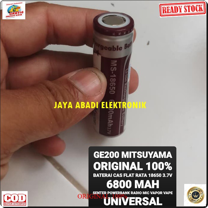 G200 Mitsuyama original 3.7v volt Baterai 18650 FLAT RATA mah battery batere batery batu batere cas casan charger senter police ultra power powerbank 6800 satuan universal multi speaker mik mic G200  Harga SATUAN BKN SEPASANG  Dimensi baterai panjang