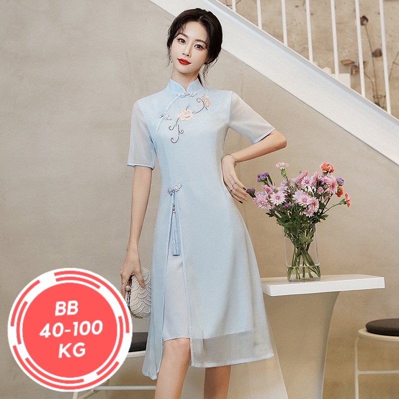 Cheongsam Wanita Bigsize BB 97 Kg Bordir Gaun Hanfu Ukuran Besar Jumbo Modern Elegan Wanita Gemuk Uk
